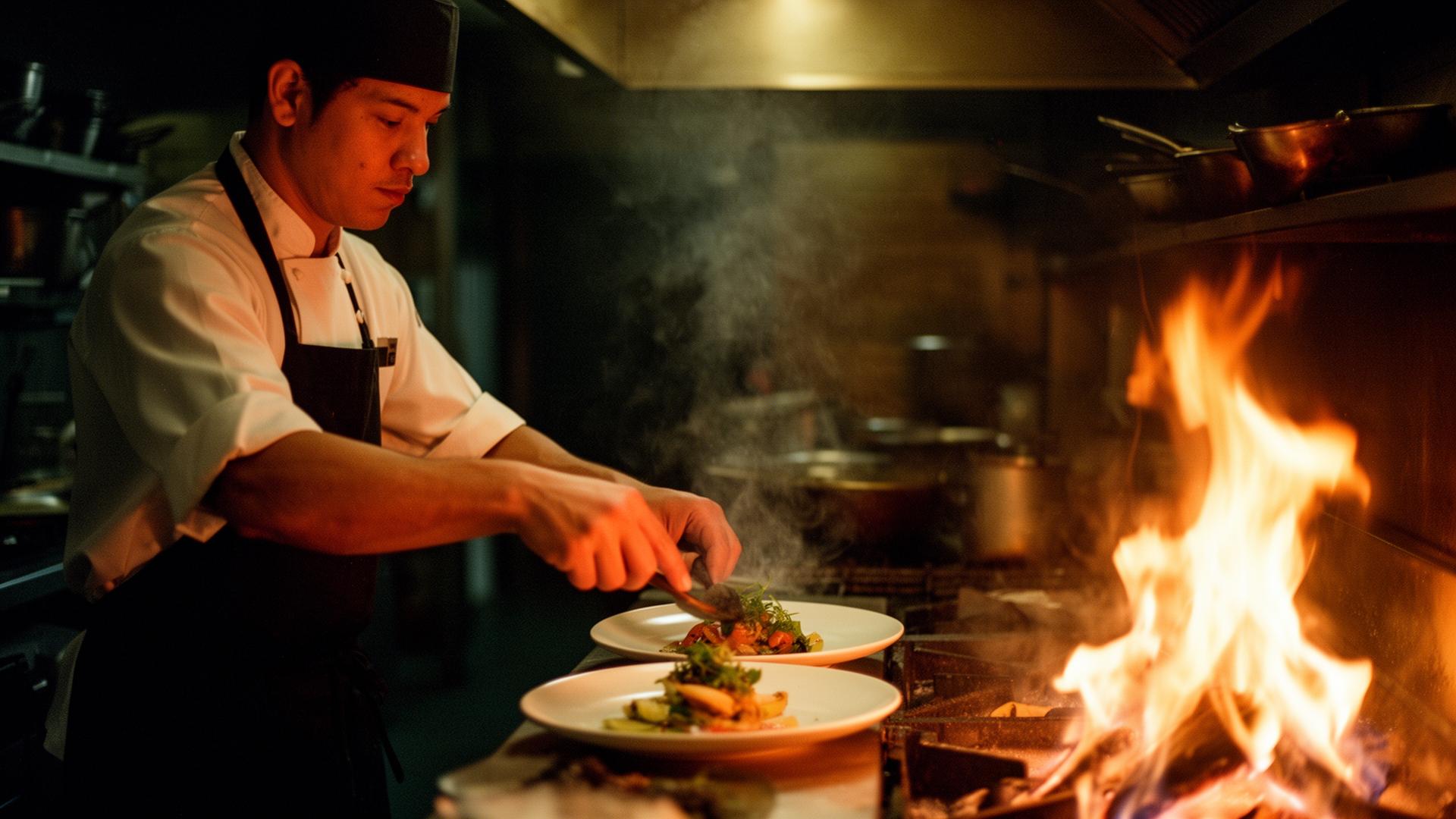 Cook plating dishes near an open flame